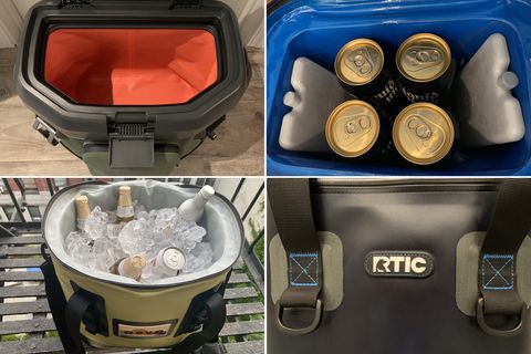 four soft coolers in a collage